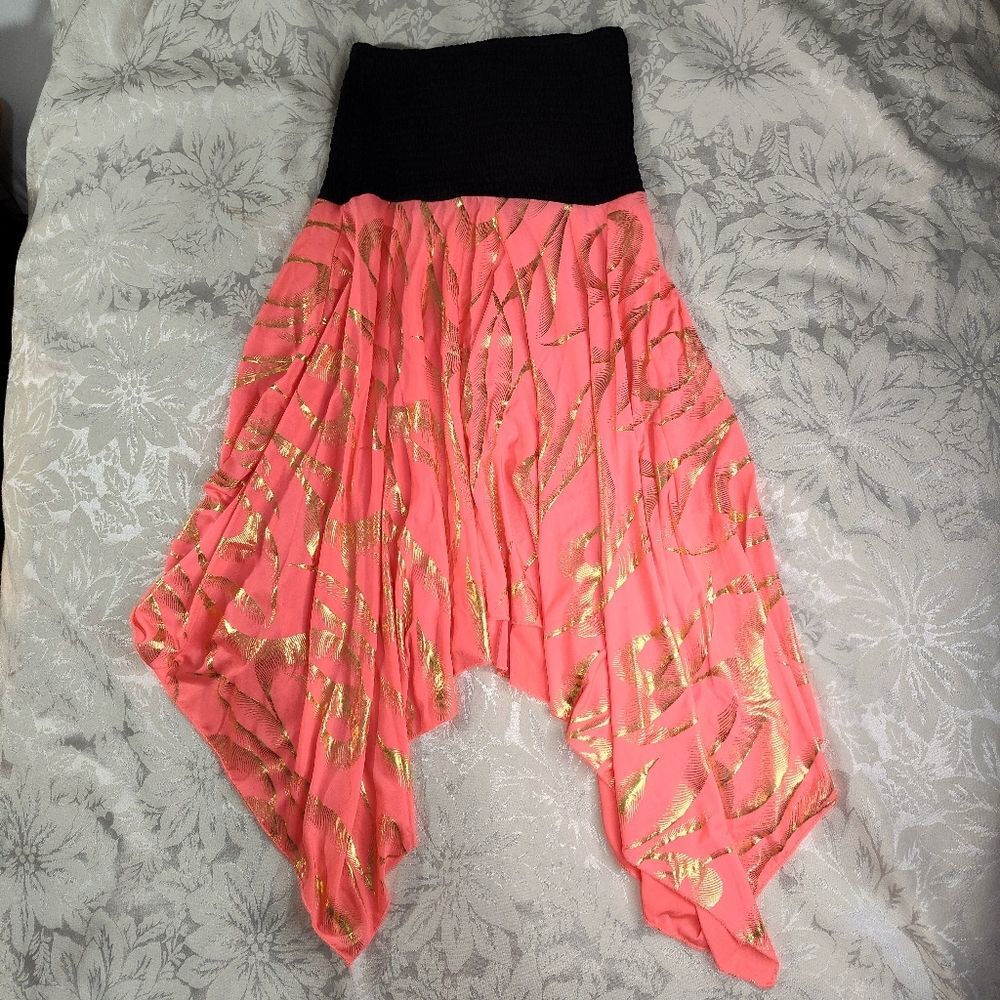 Rima Black Coral Gold Shimmery High Low Strapless Dress OSFM